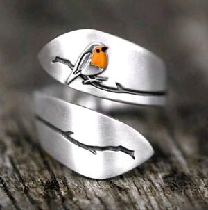NEW! Boho Silver Plated Yellow Bird On Branch Adjustable Women's Ring